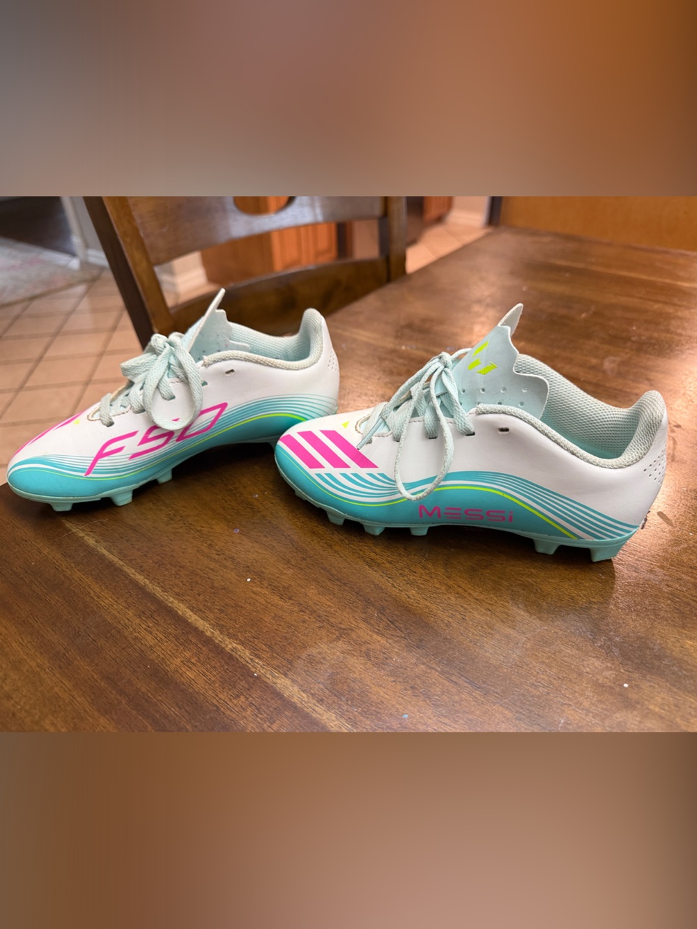 Messi Adidas Kids Soccer Cleats in White and Mint with Pink Accents